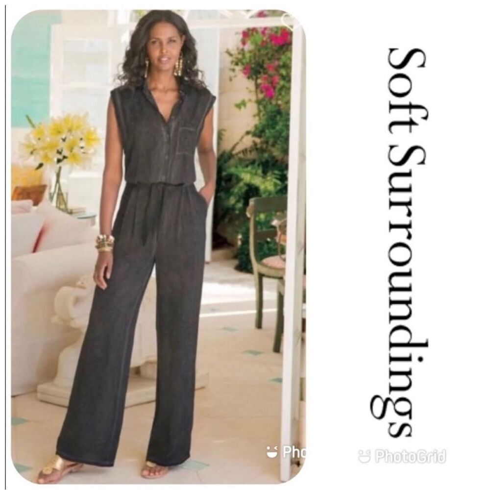 Soft Surroundings Camilla Jumpsuit‎ Front Tie Button Grey Charcoal XS